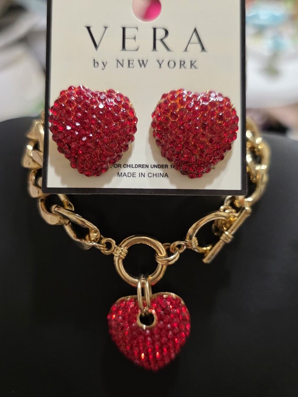 Vera by New York Red Crystal Heart Earrings